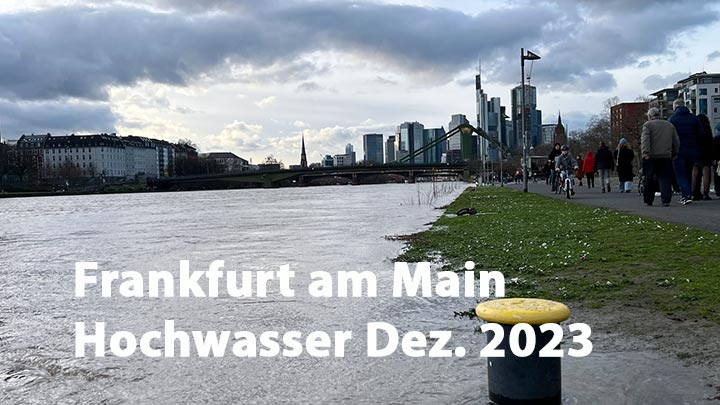 Frankfurt Mainufer mit Hochwasser Dez 2023